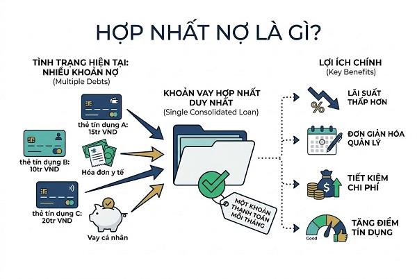Hợp nhất nợ là gom nhiều khoản nợ vào thành một khoản vay duy nhất để quản lý dễ dàng hơn